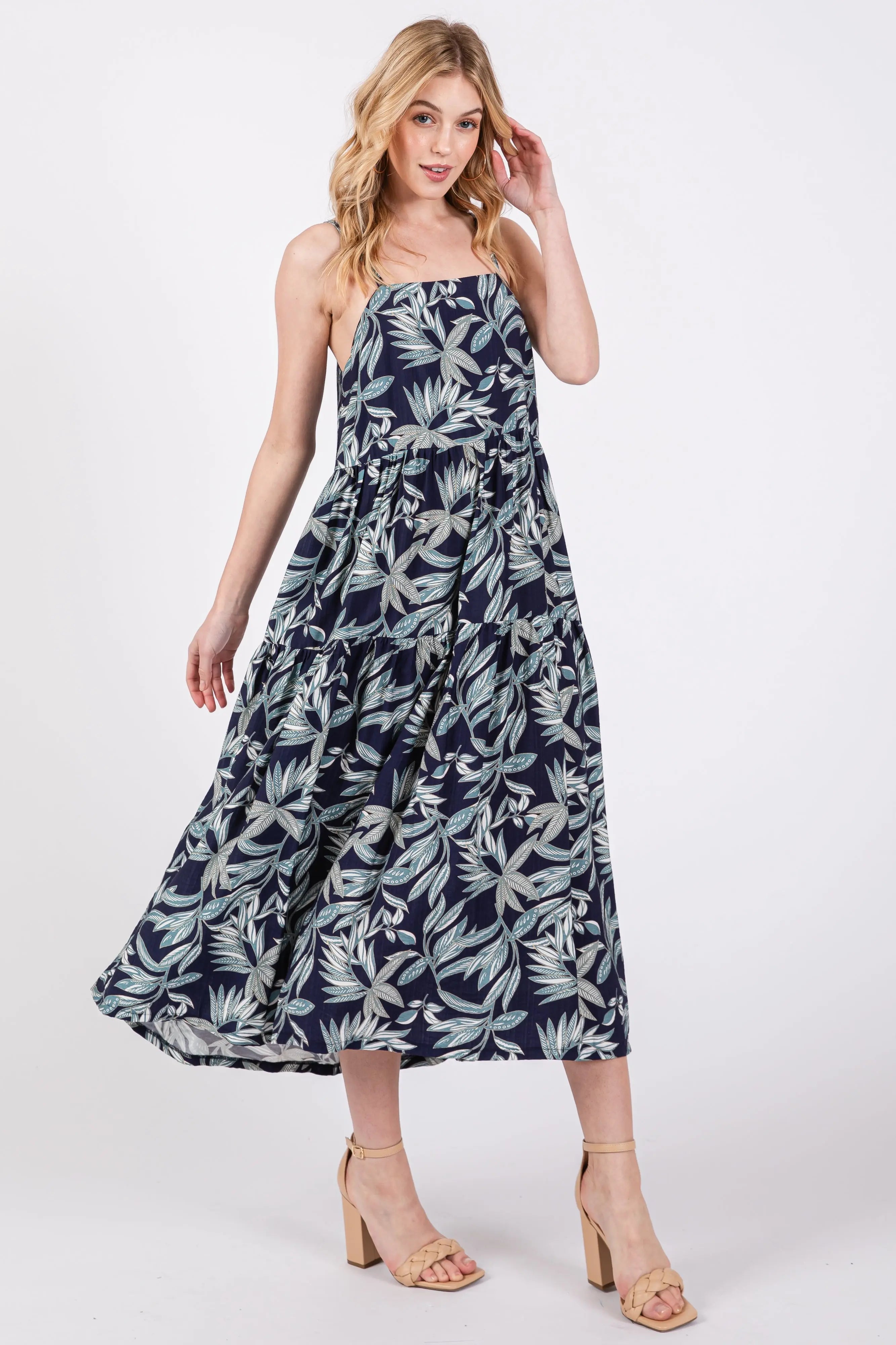Navy Blue Leaf Print Square Neck Tiered Midi Dress PinkBlush