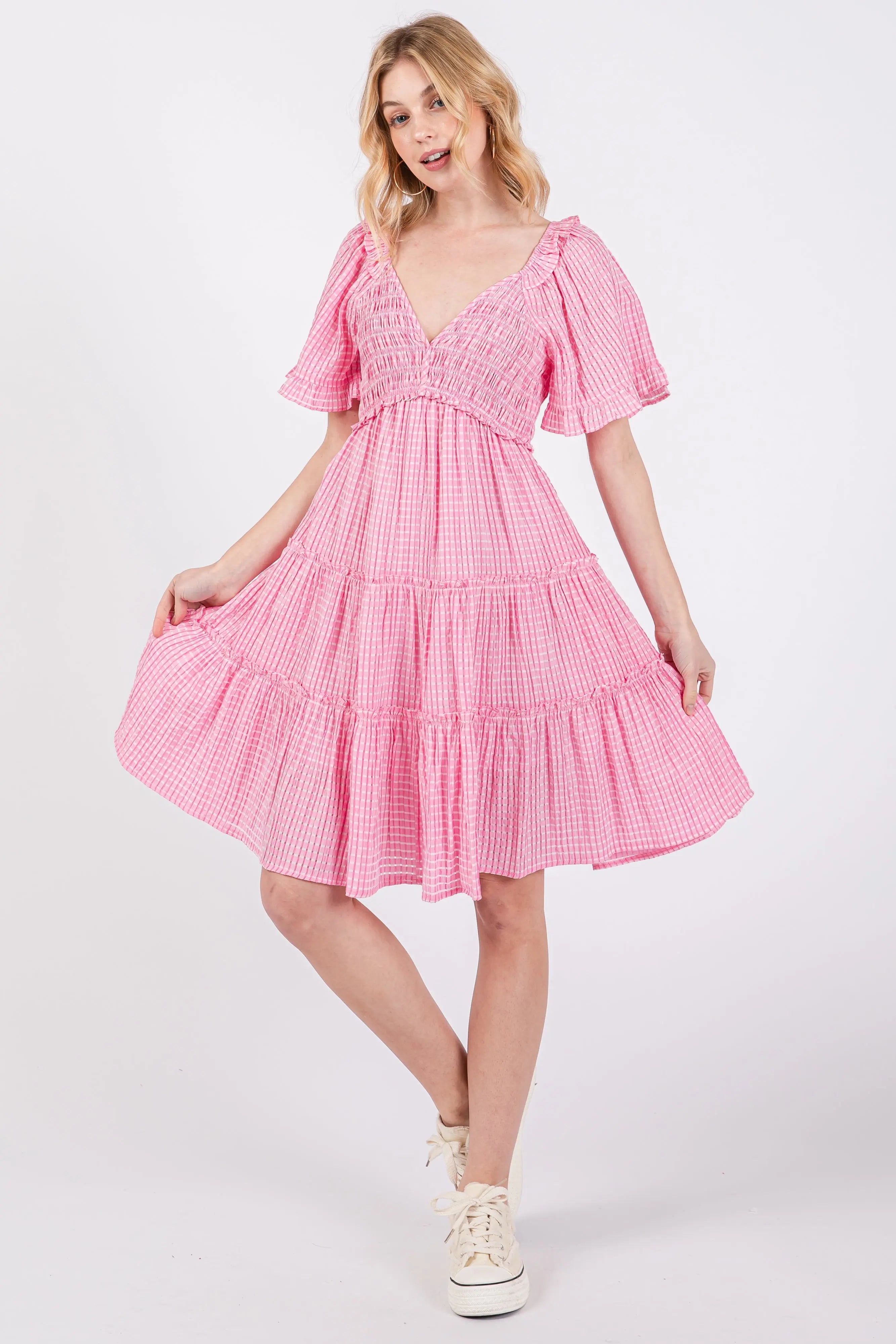 Pink Smocked V-Neck Ruffle Short Sleeve Tiered Dress PinkBlush
