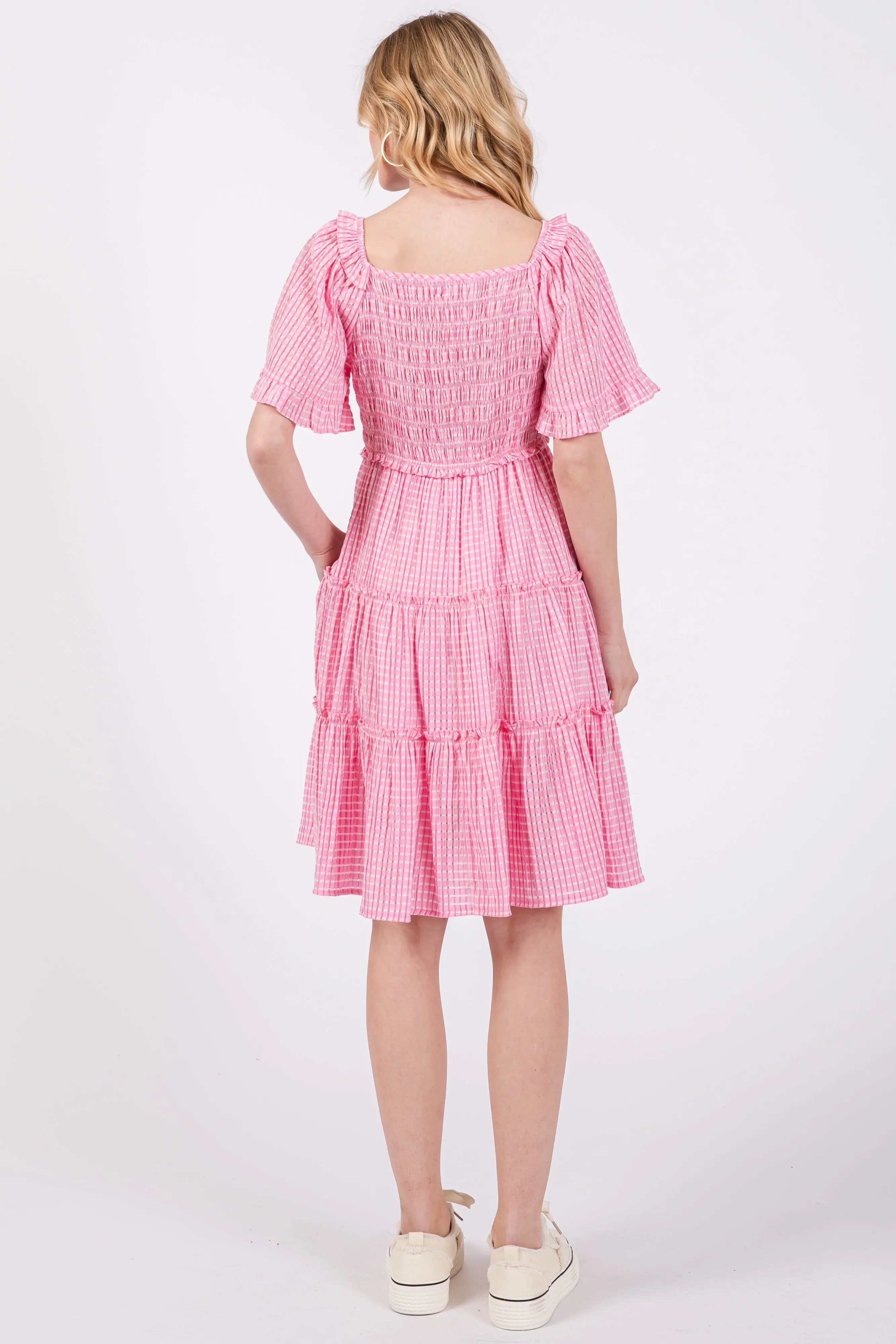 Pink Smocked V-Neck Ruffle Short Sleeve Tiered Dress PinkBlush