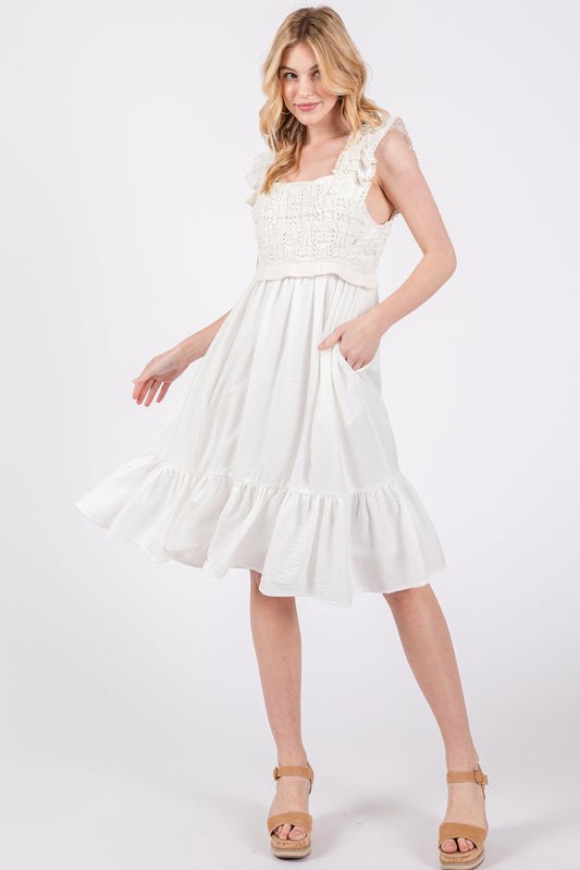 Ivory Crochet Knit Knee Length Dress PinkBlush