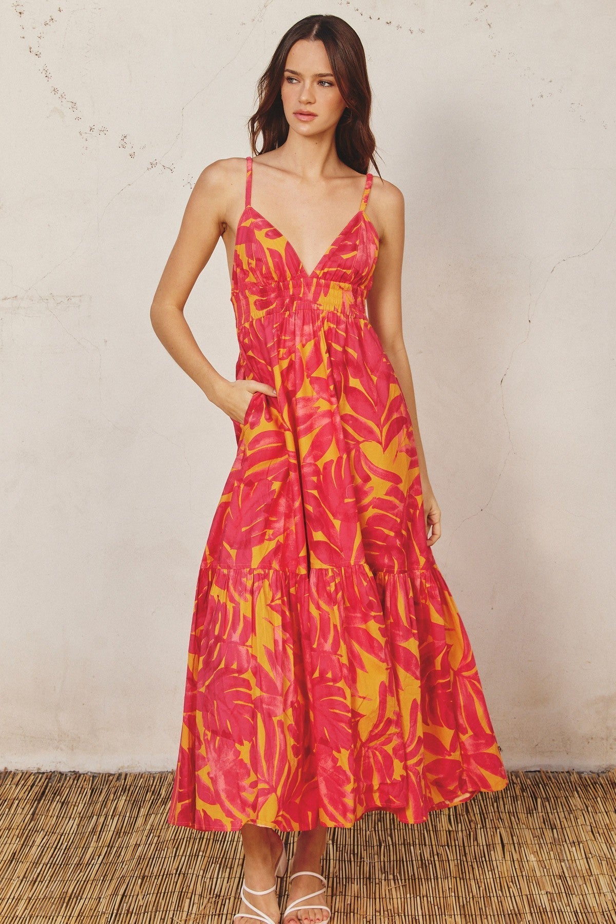 Coral Leaf Print Open Back Maternity Midi Dress PinkBlush