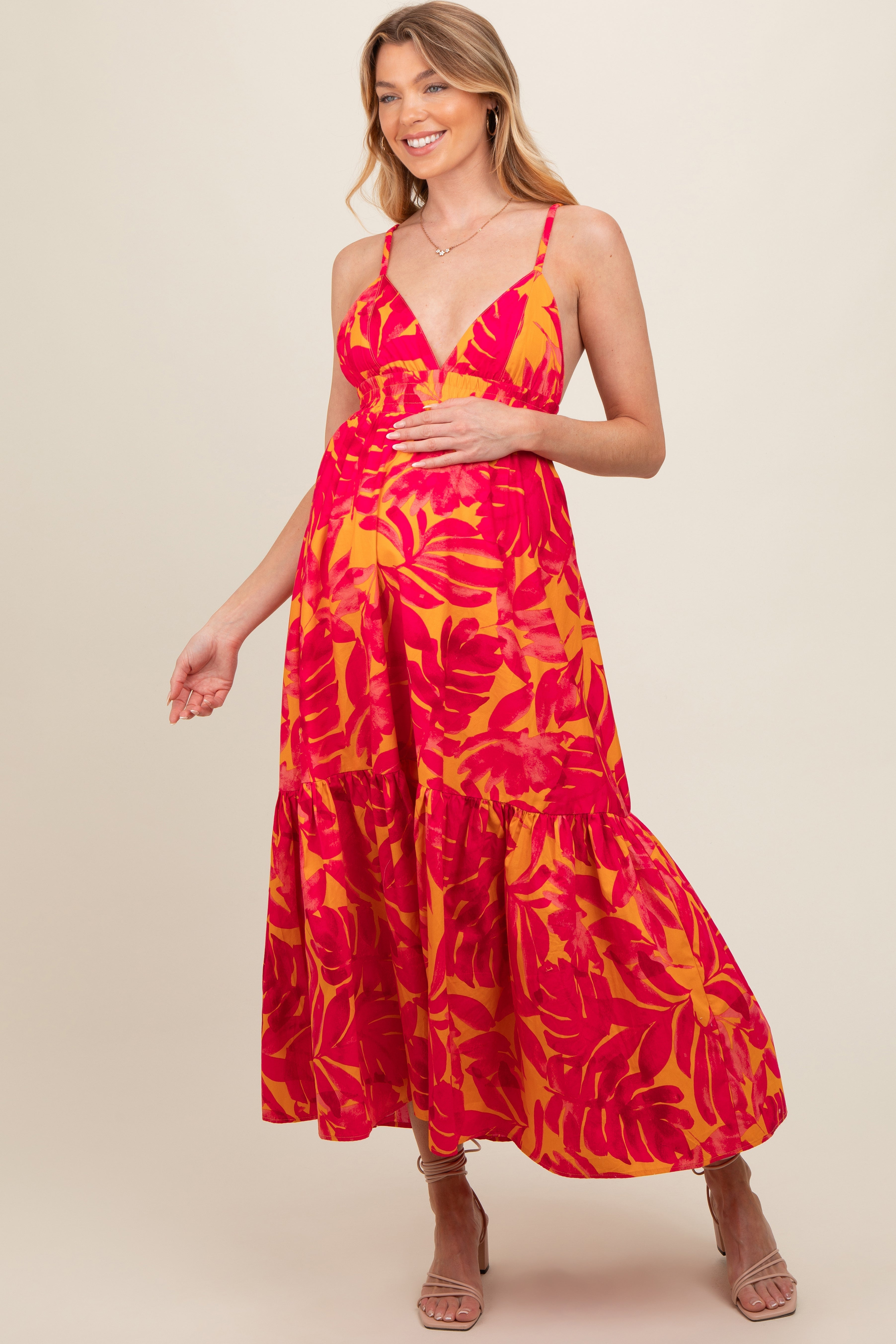 Coral Leaf Print Open Back Maternity Midi Dress PinkBlush