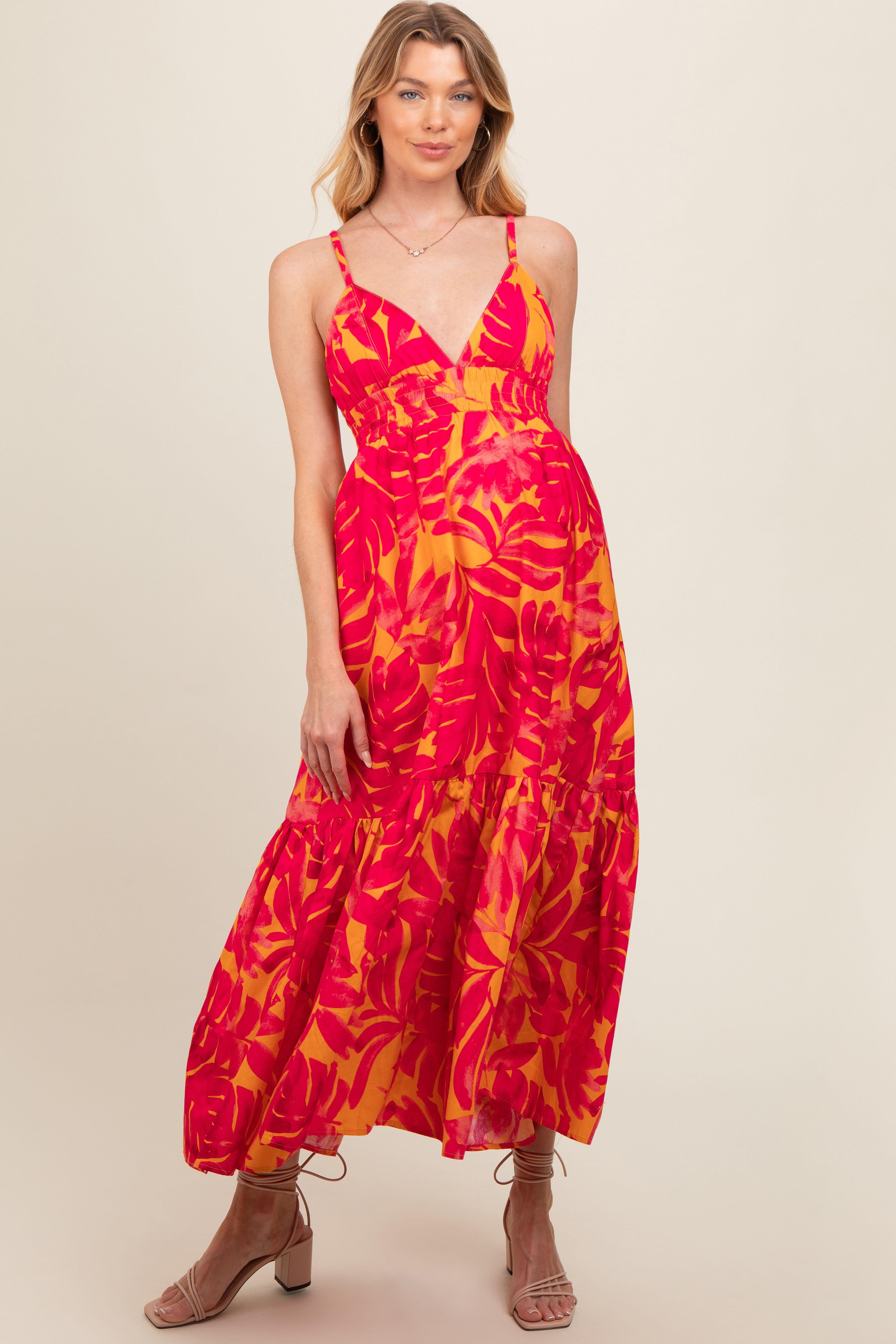 Coral Leaf Print Open Back Maternity Midi Dress PinkBlush