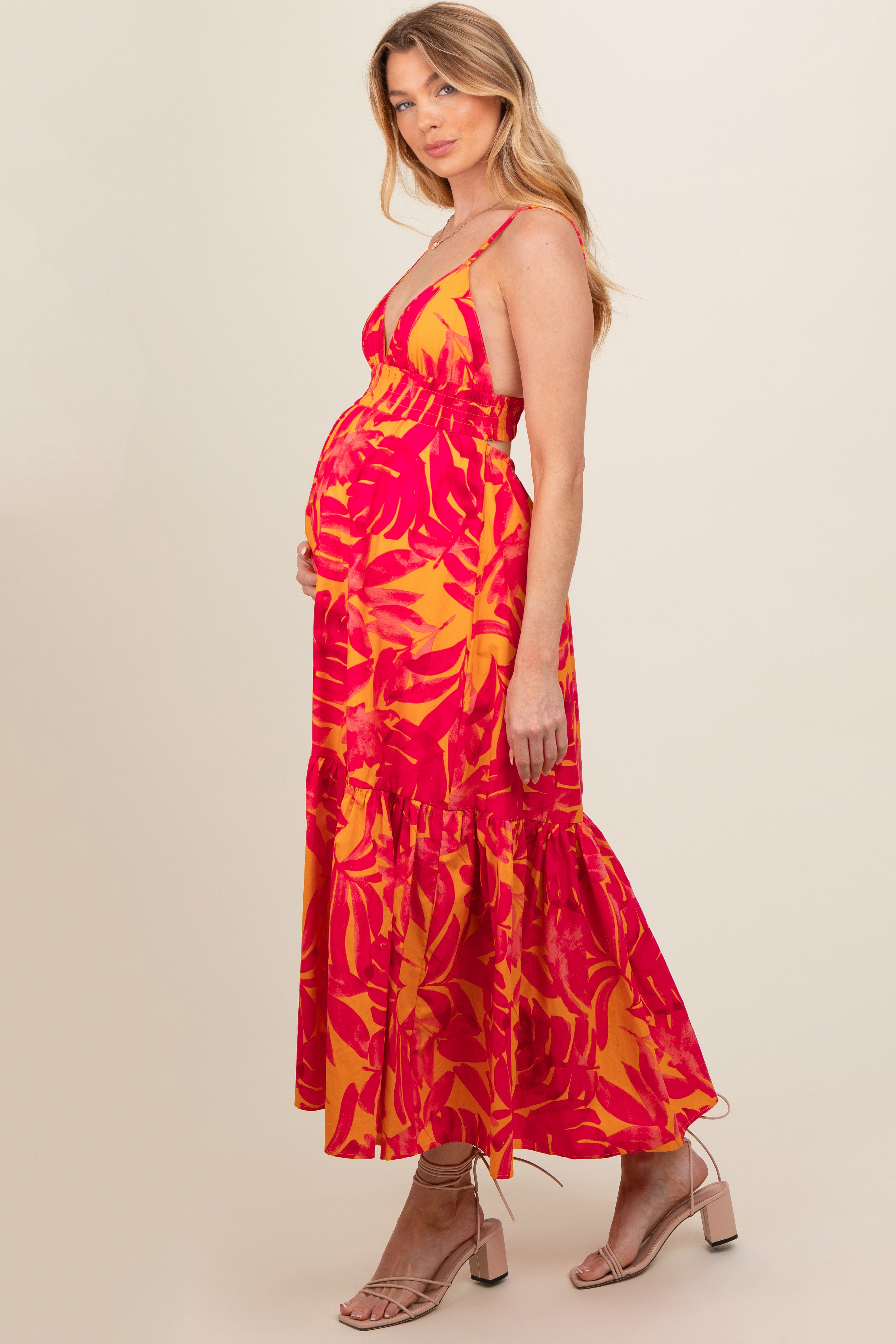 Coral Leaf Print Open Back Maternity Midi Dress PinkBlush
