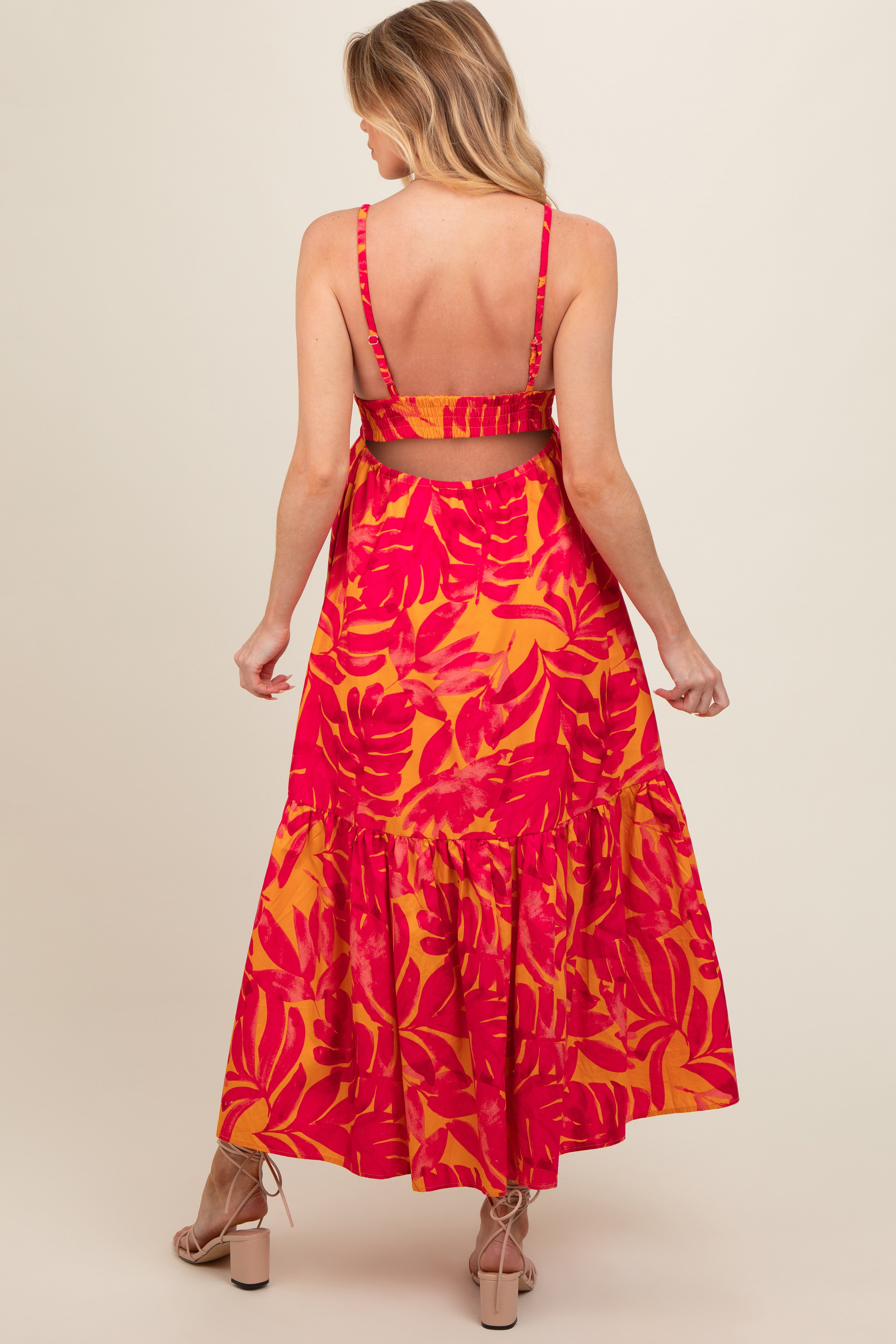 Coral Leaf Print Open Back Maternity Midi Dress PinkBlush
