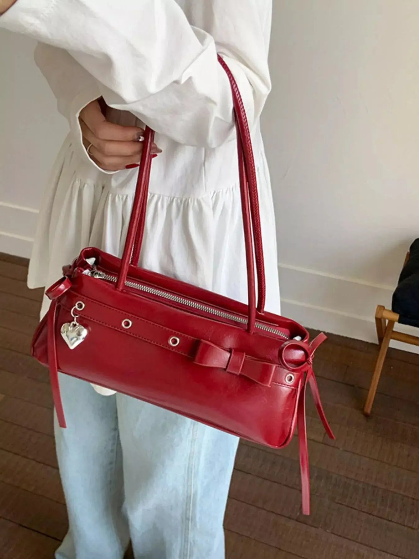 PU Leather Small Shoulder Bag With Heart Charm Elegant Tote Simply Love