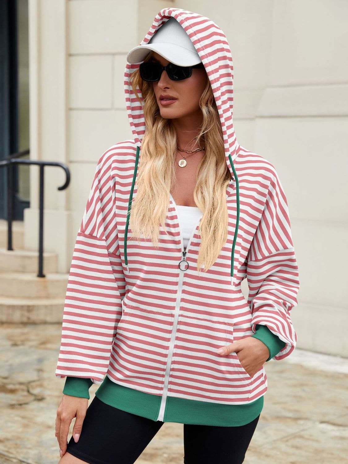 Stylish striped zip-up hoodie with drawstring hood