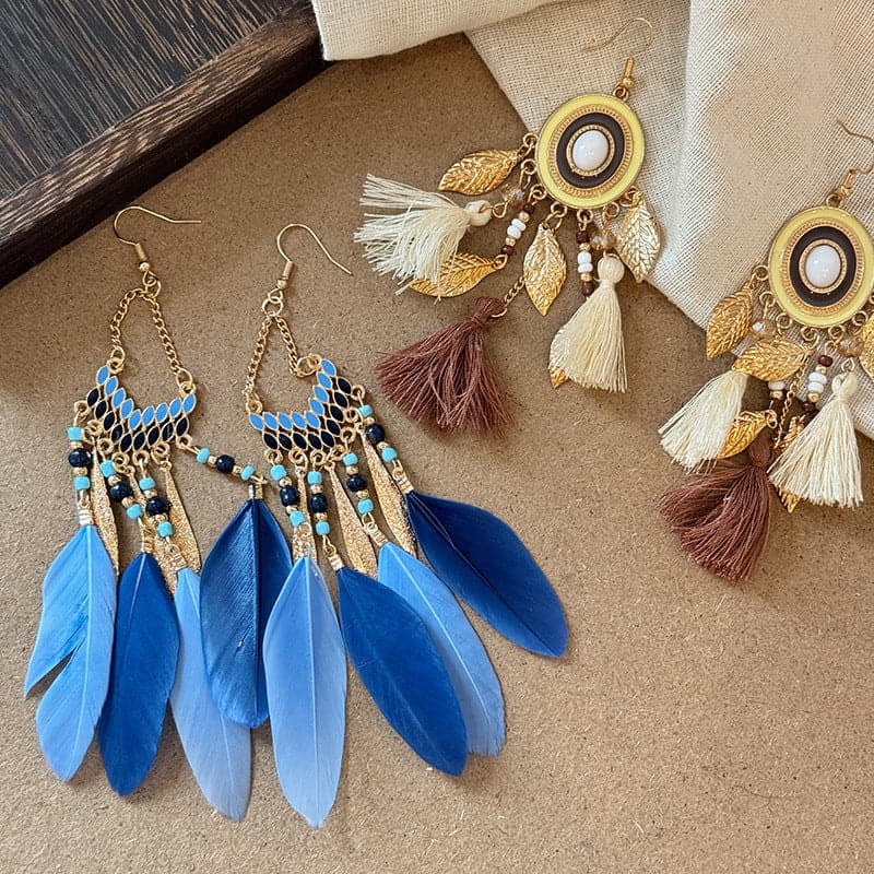 Feather and rice bead alloy earrings