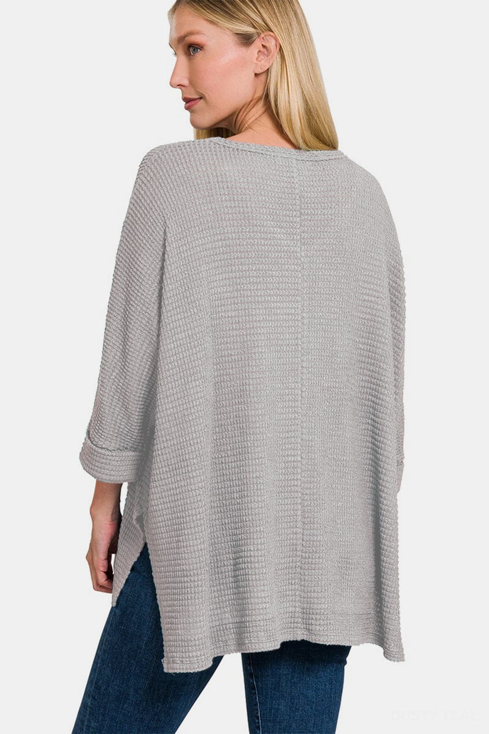 Zenana Waffle Knit V-Neck Long Sleeve Slit Top.