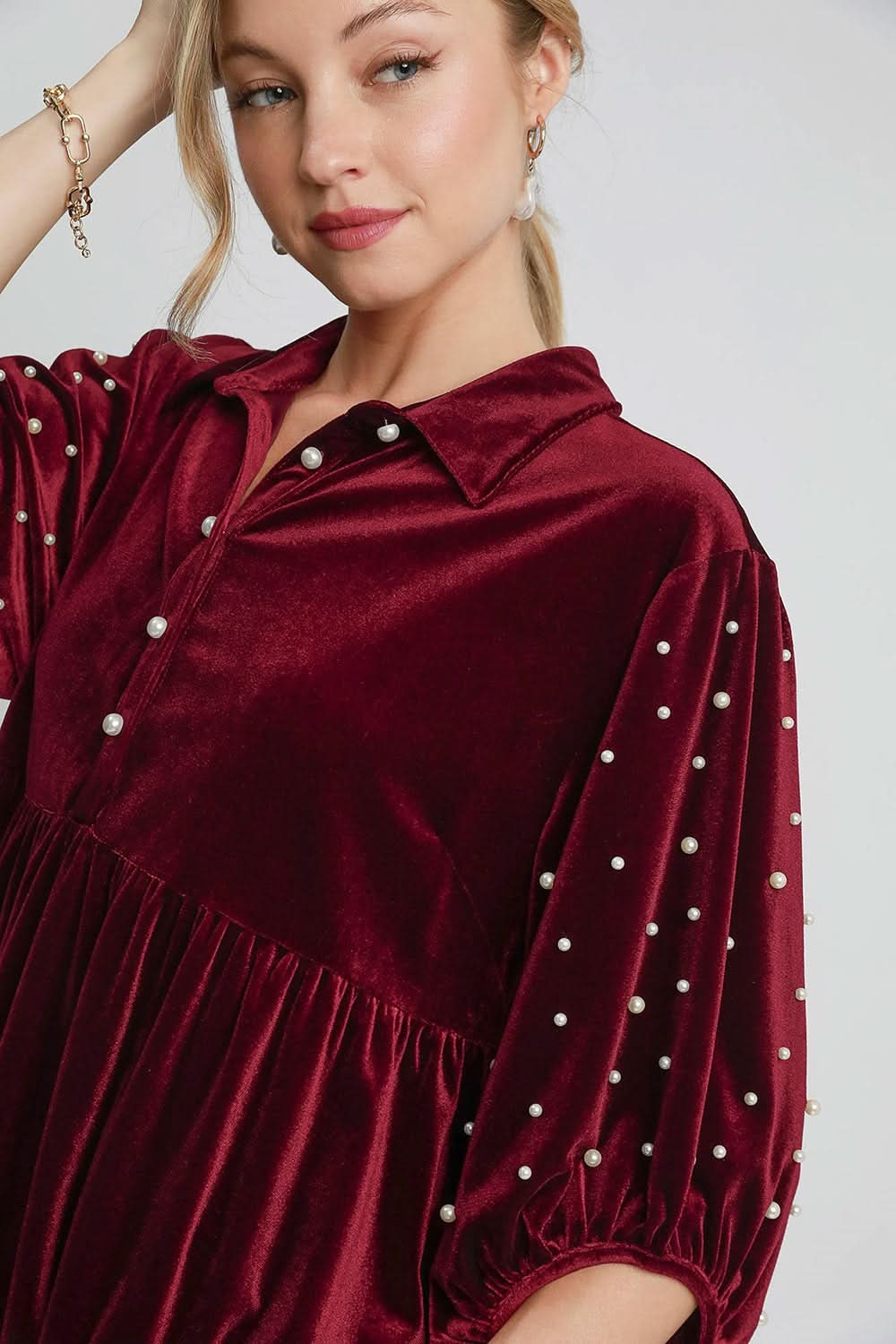 Velvet Babydoll Blouse with Pearl Detail and Collared Neck