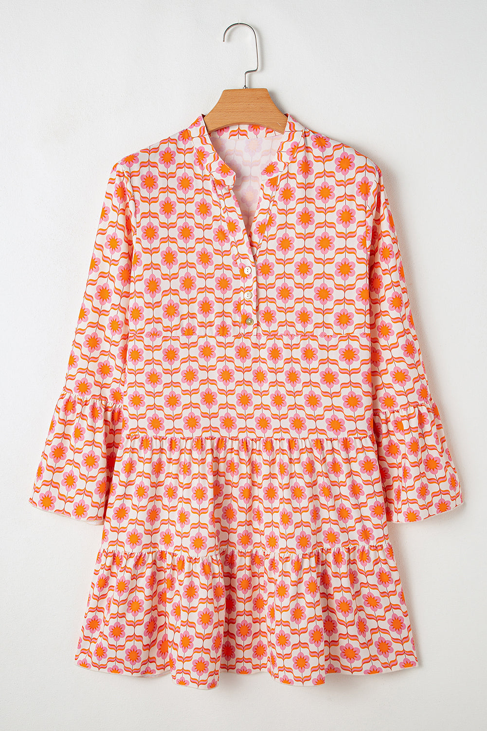 Chic Orange Floral Print Flounce Sleeve Buttoned Front Mini Dress