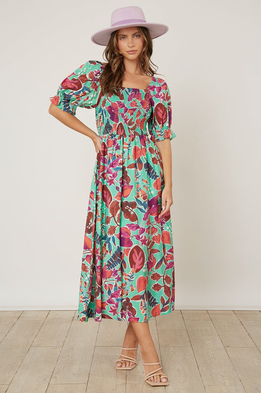 Mint Green Floral Puff Sleeve Maxi Dress PinkBlush