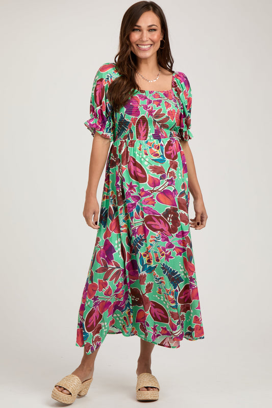 Mint Green Floral Puff Sleeve Maternity Maxi Dress PinkBlush
