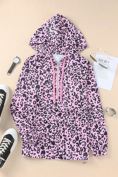 Drawstring Leopard Half Zip Hoodie.