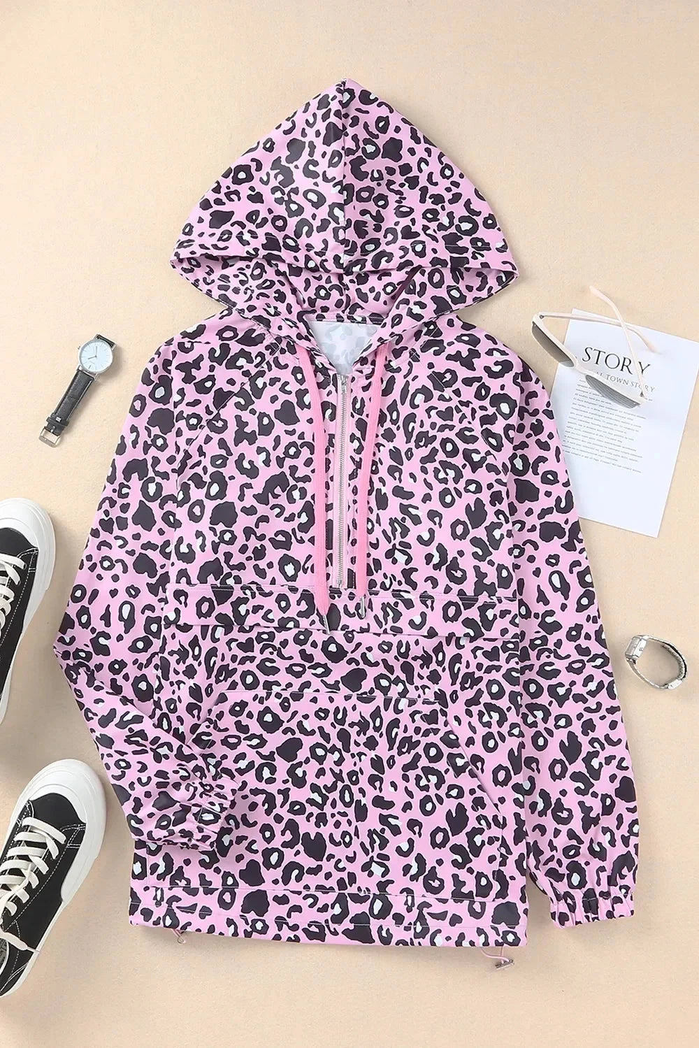 Drawstring Leopard Half Zip Hoodie Coco’s Tee Boutique