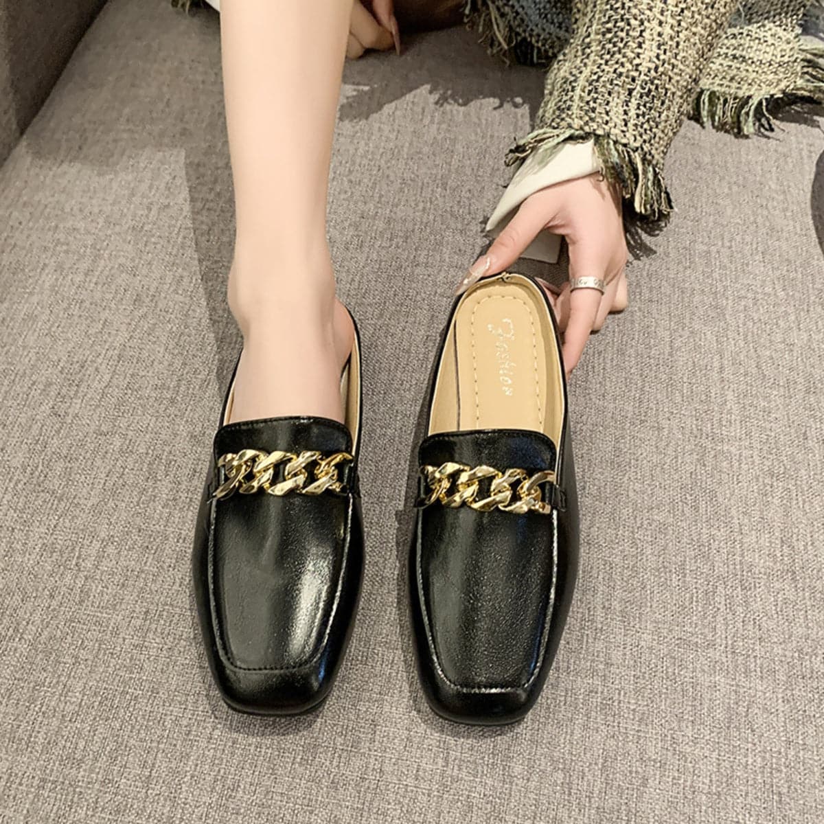 PU Leather Square Toe Flat Loafers.