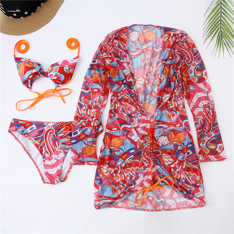 Print Bikini Sexy Mesh Cover Up 3 Piece Swimsuit Women String Bathing Suits Bella Mia