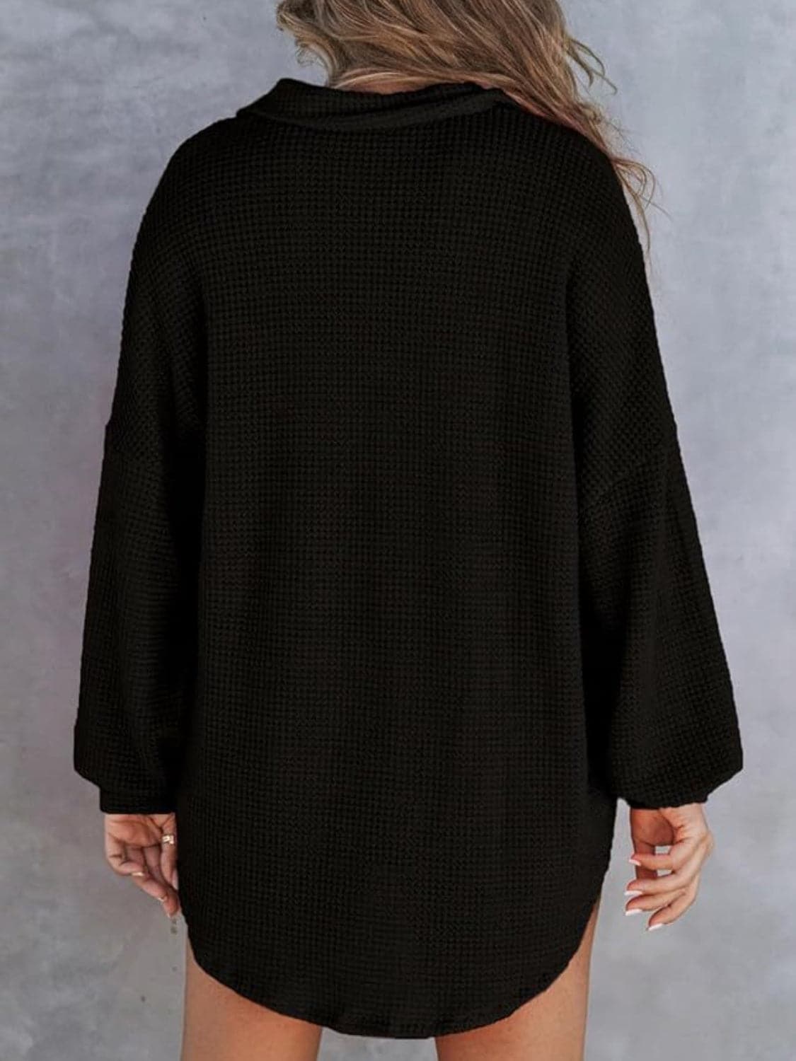 Waffle-Knit Dropped Shoulder Long Sleeve Sweatshirt.