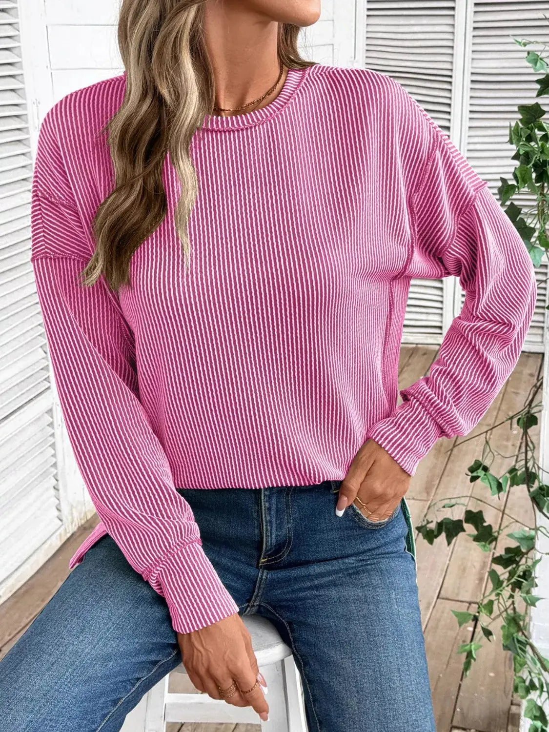Side Slit Round Neck Sweatshirt Simply Love
