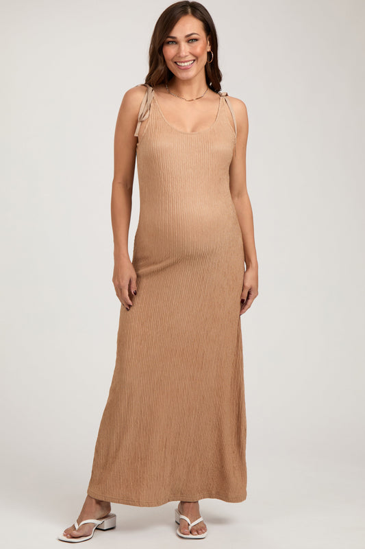 Mocha Textured Tie Strap Maternity Midi Dress PinkBlush