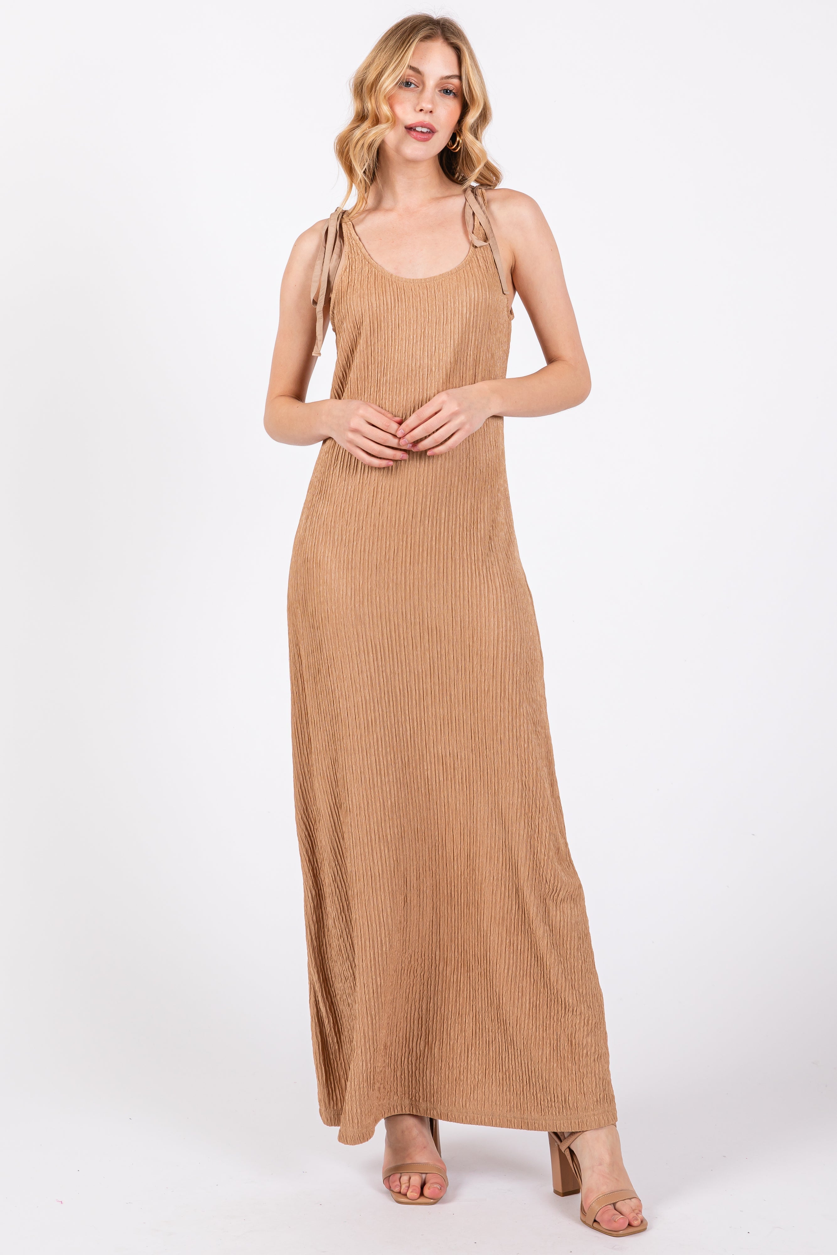 Mocha Textured Tie Strap Midi Dress PinkBlush