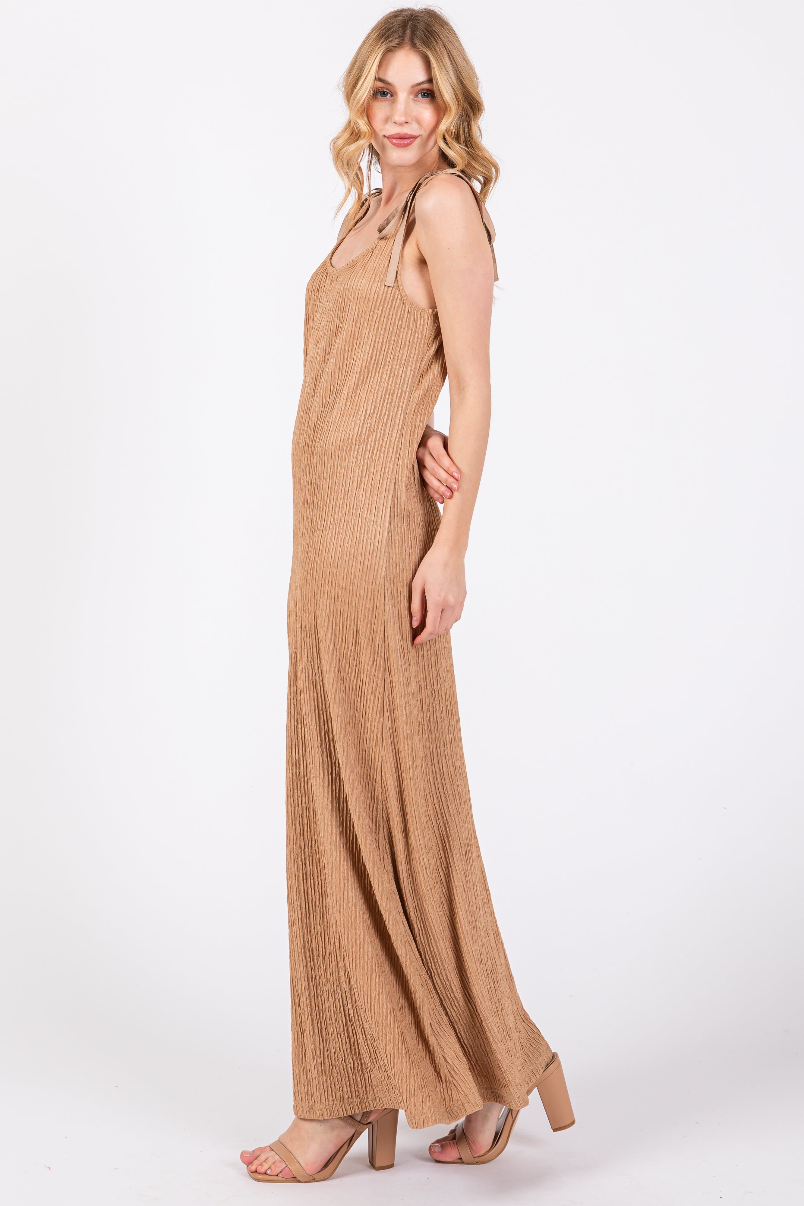 Mocha Textured Tie Strap Midi Dress PinkBlush