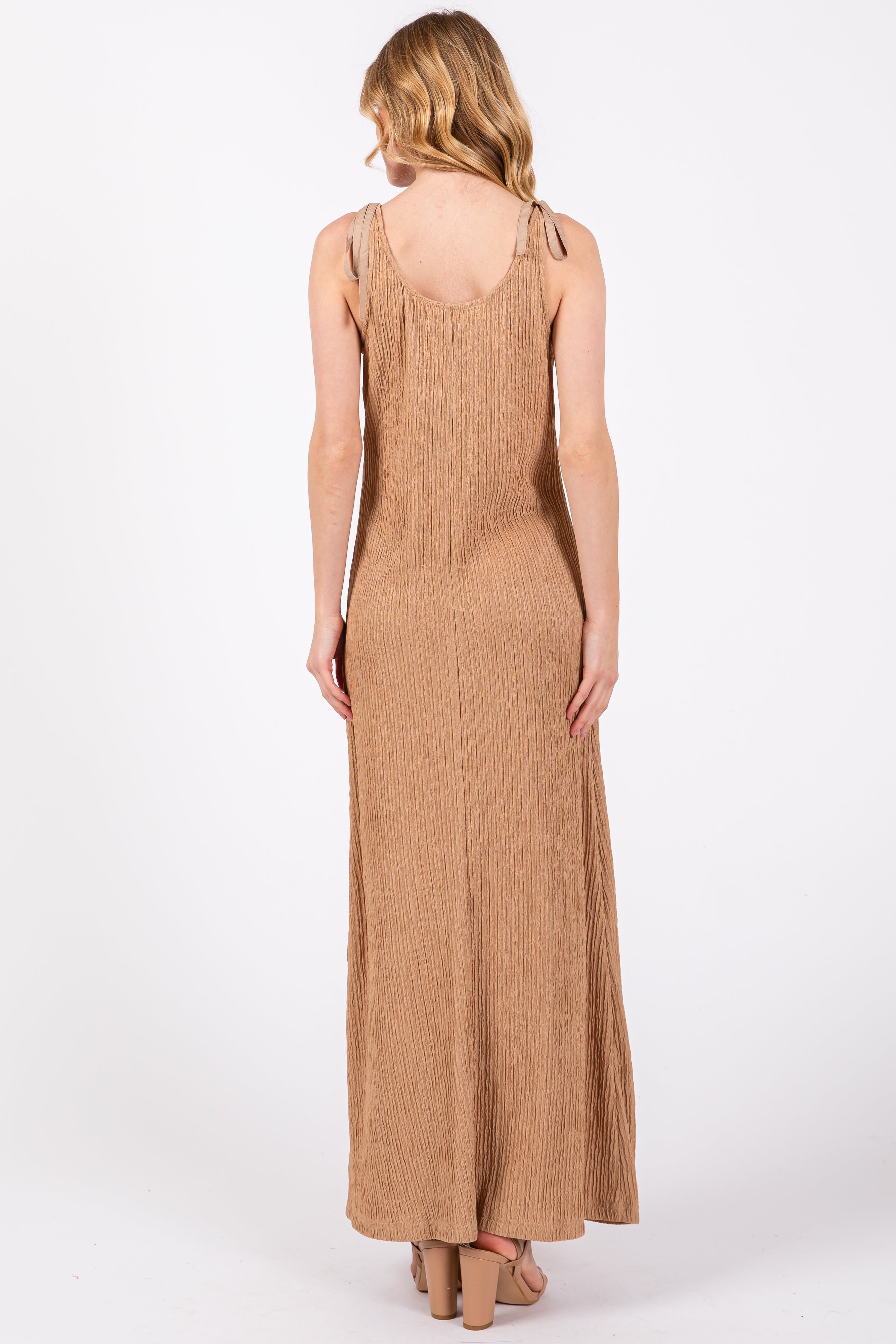 Mocha Textured Tie Strap Midi Dress PinkBlush