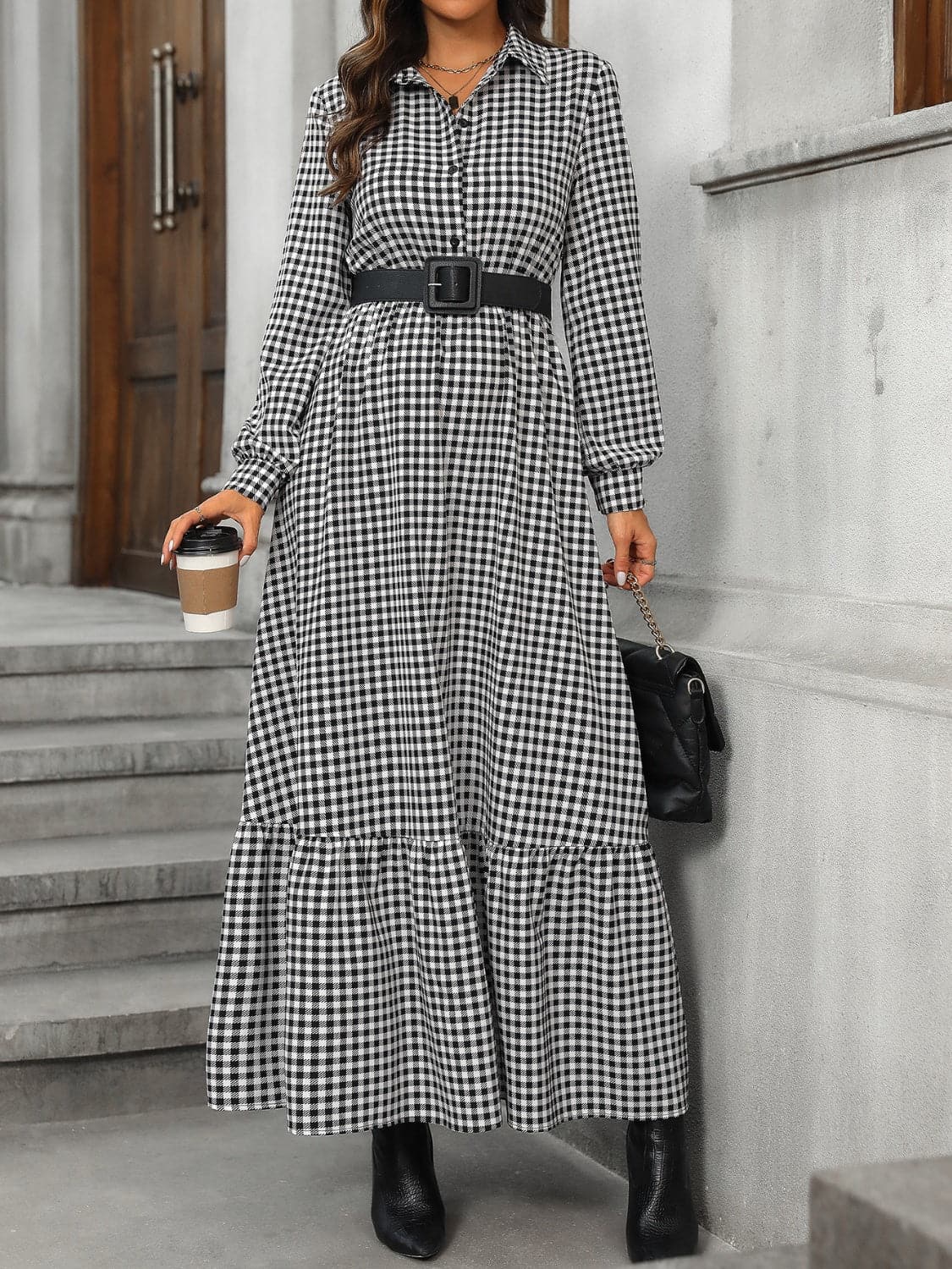 Ruffle Hem Plaid Long Sleeve Dress.