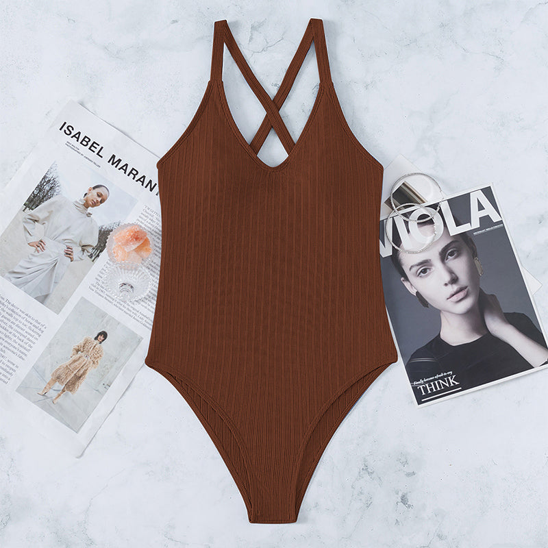 V-Neck One Piece Swimsuit Women Sexy Solid Bathing Suits High Cut Swimwear Bella Mia