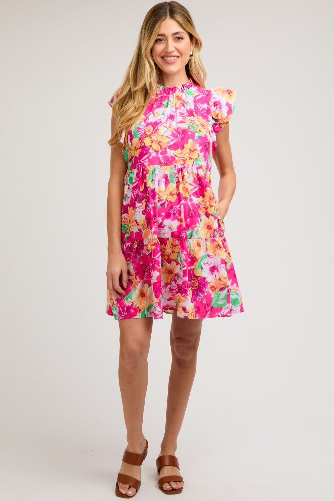 Fuchsia Floral Ruffle Tiered Maternity Dress PinkBlush