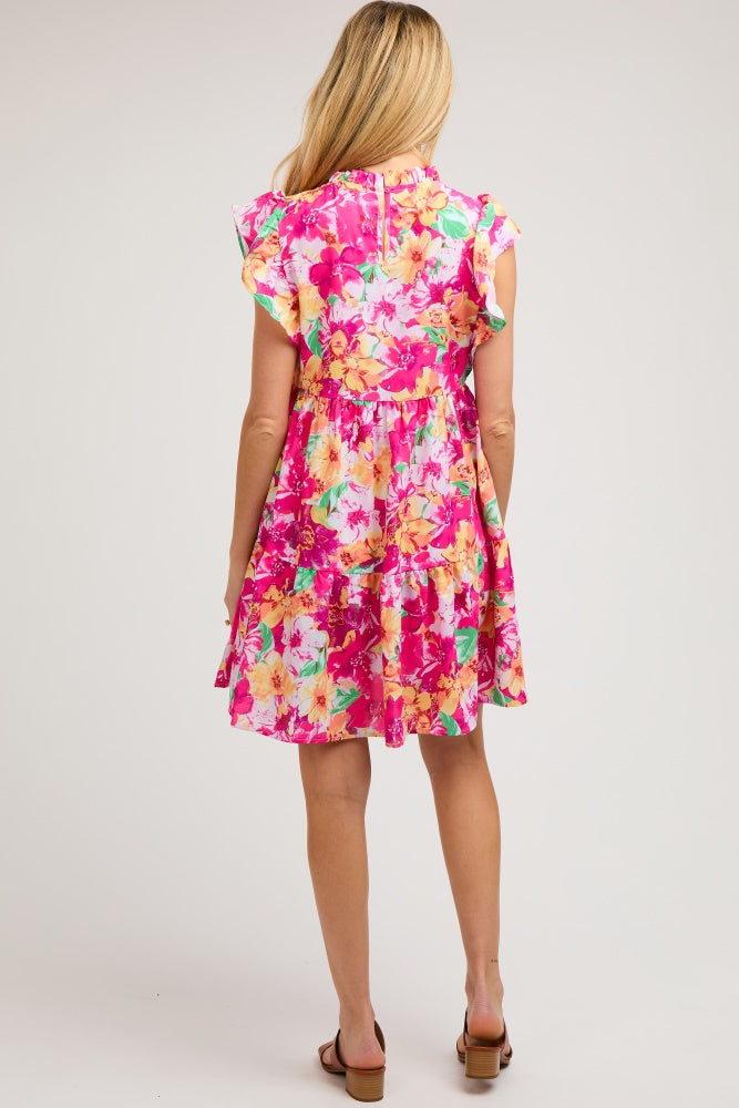 Fuchsia Floral Ruffle Tiered Maternity Dress PinkBlush