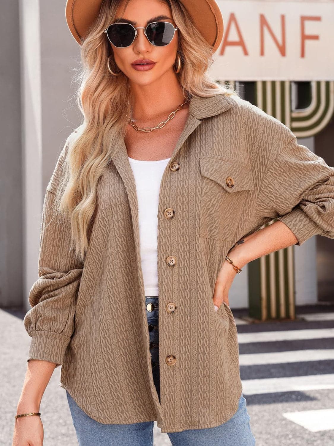 Stylish textured long sleeve button-up shacket