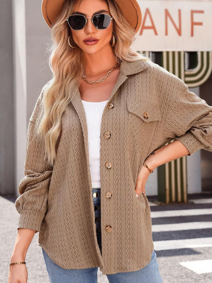 Stylish textured long sleeve button-up shacket