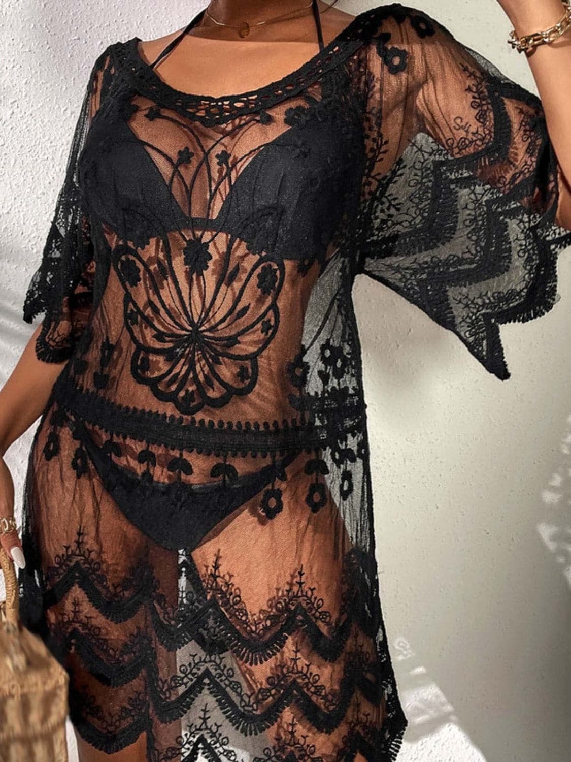 Lace Round Neck Half Sleeve Cover-Up.