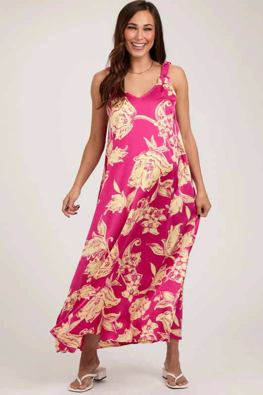 Fuchsia Floral Ruched Strap V-Neck Maternity Midi Dress PinkBlush