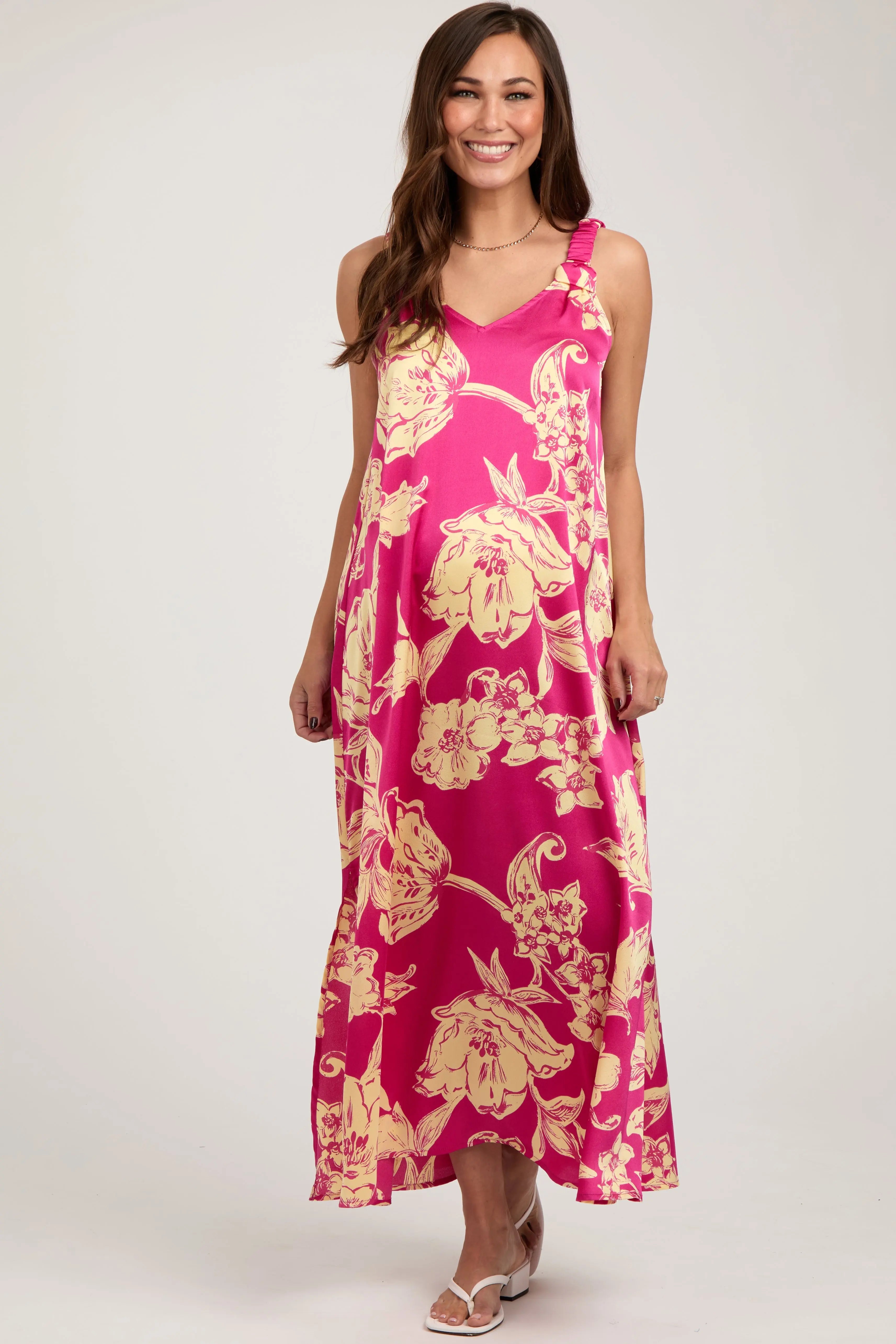 Fuchsia Floral Ruched Strap V-Neck Maternity Midi Dress PinkBlush