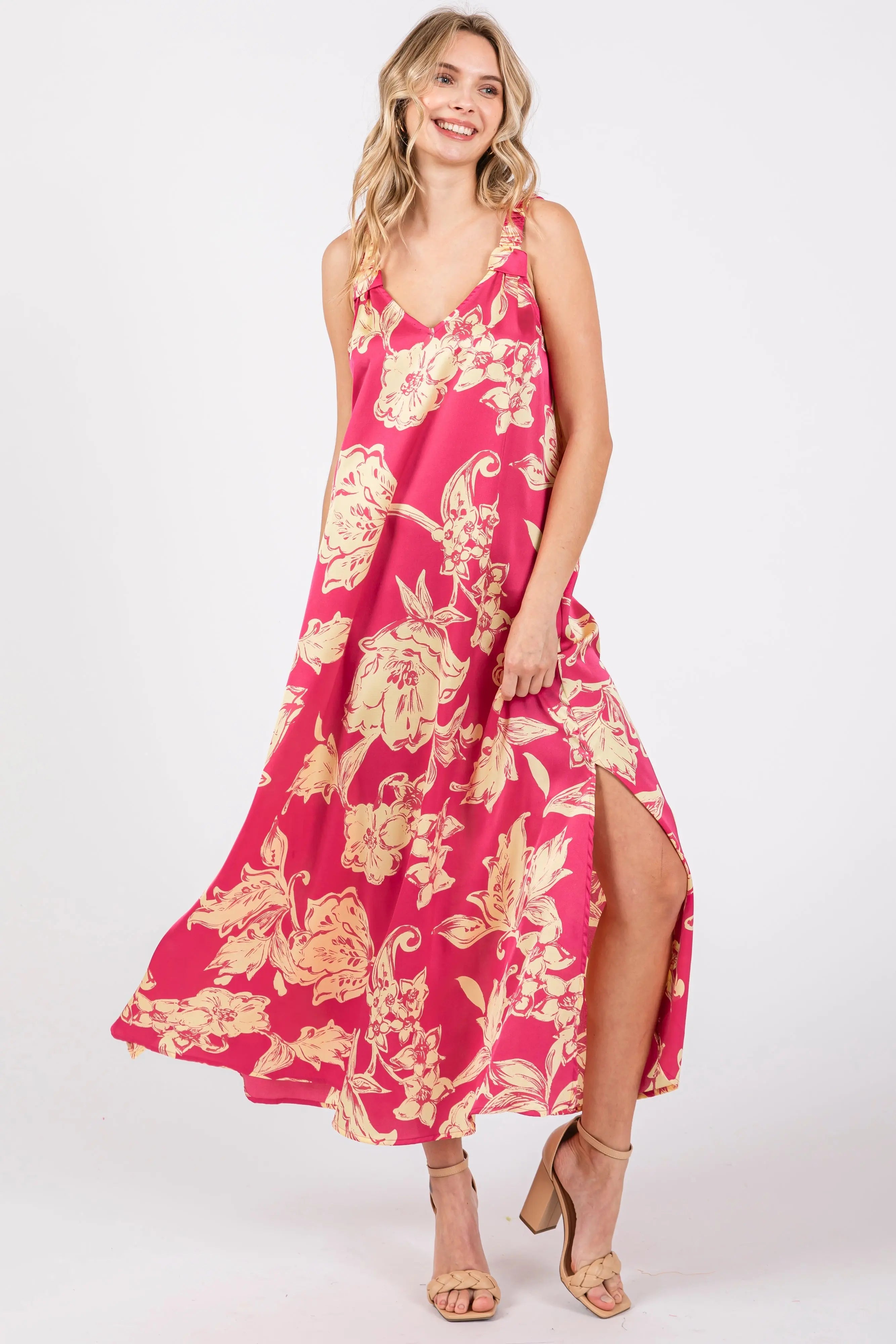 Fuchsia Floral Ruched Strap V-Neck Maternity Midi Dress PinkBlush
