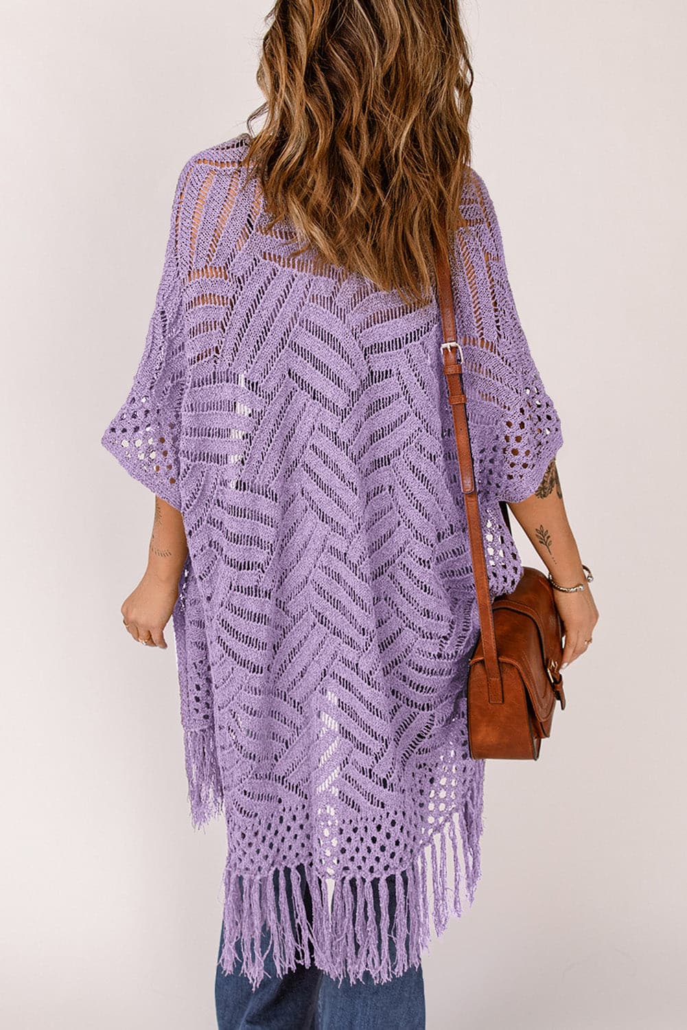 Openwork Open Front Cardigan with Fringes.