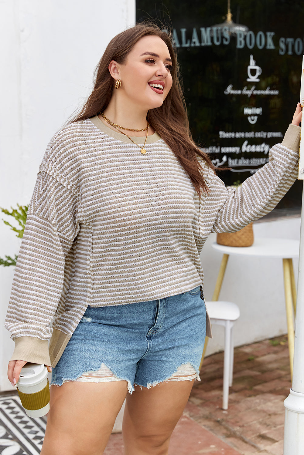 Brown Stripe Plus Size Knit Ribbed Long Sleeve Top Relaxed Dear-Lover Dropshipping
