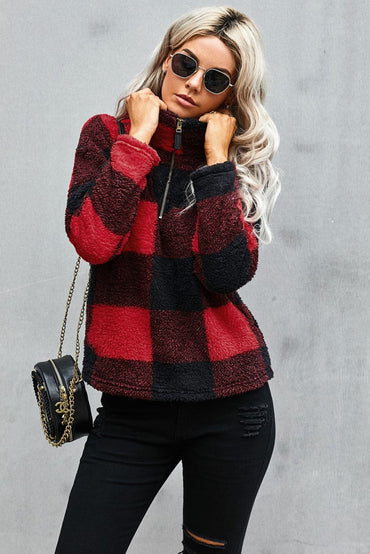 Half Zip Plaid Turtleneck Sweatshirt.