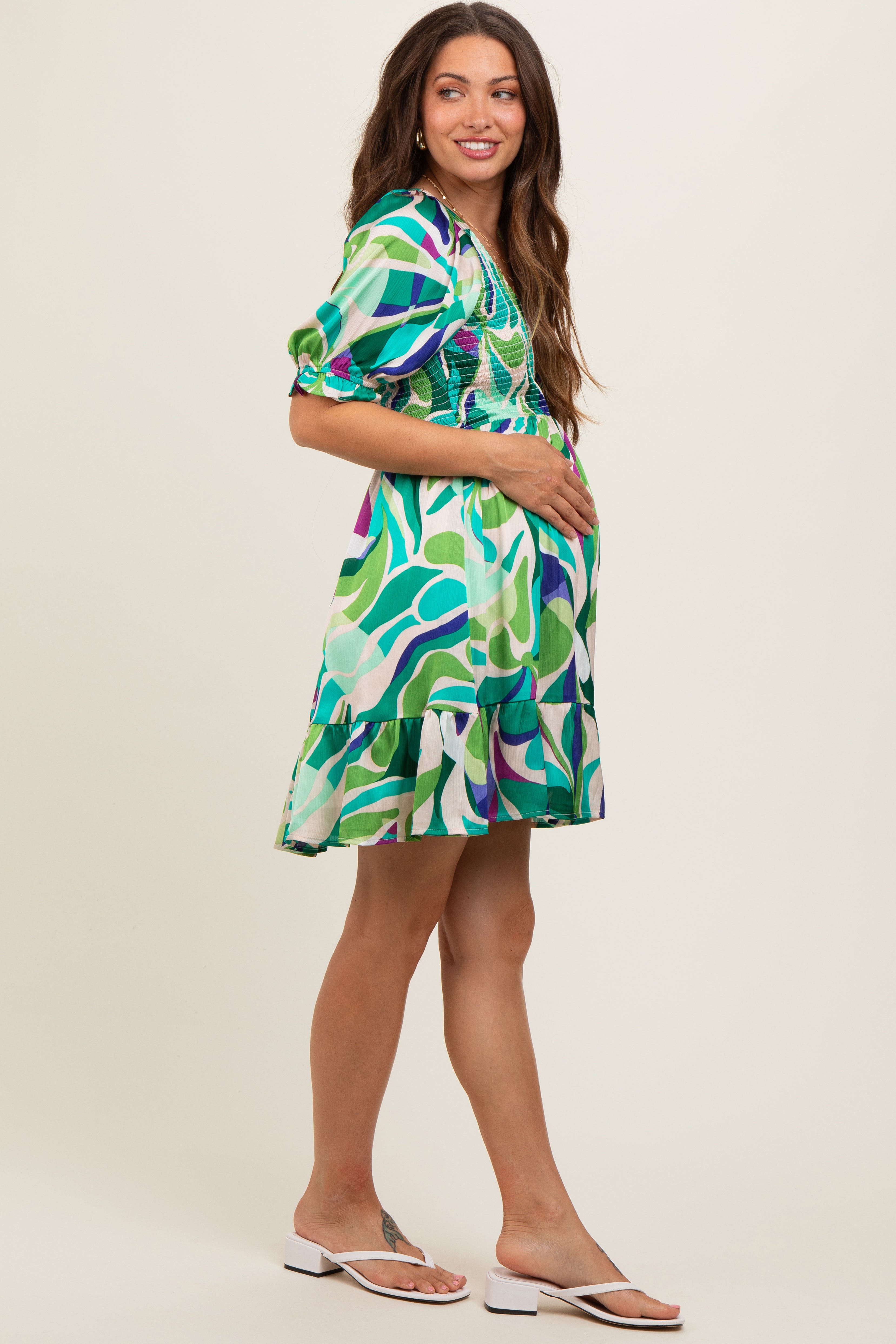 Emerald Green Abstract Print Smocked Maternity Dress PinkBlush