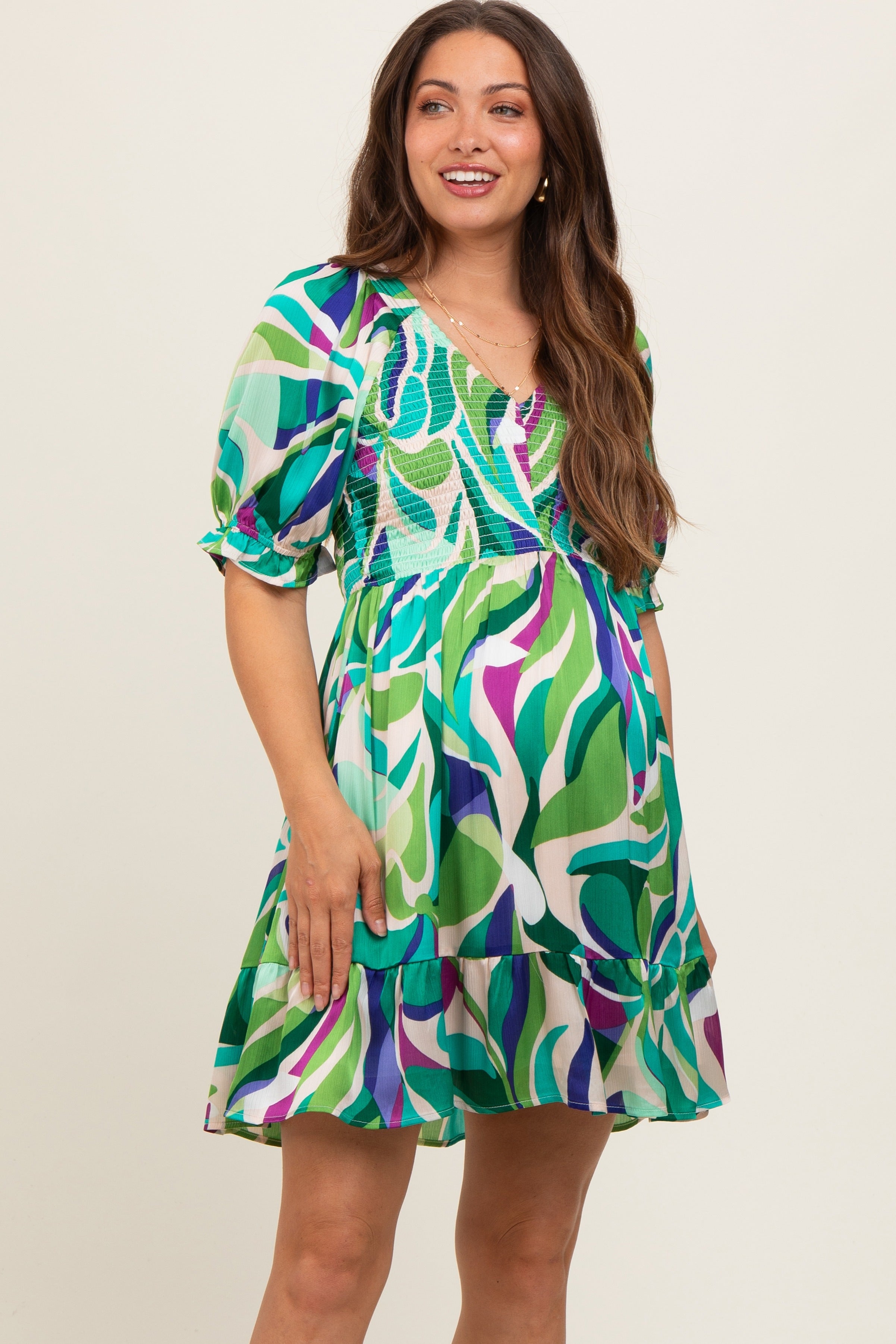 Emerald Green Abstract Print Smocked Maternity Dress PinkBlush