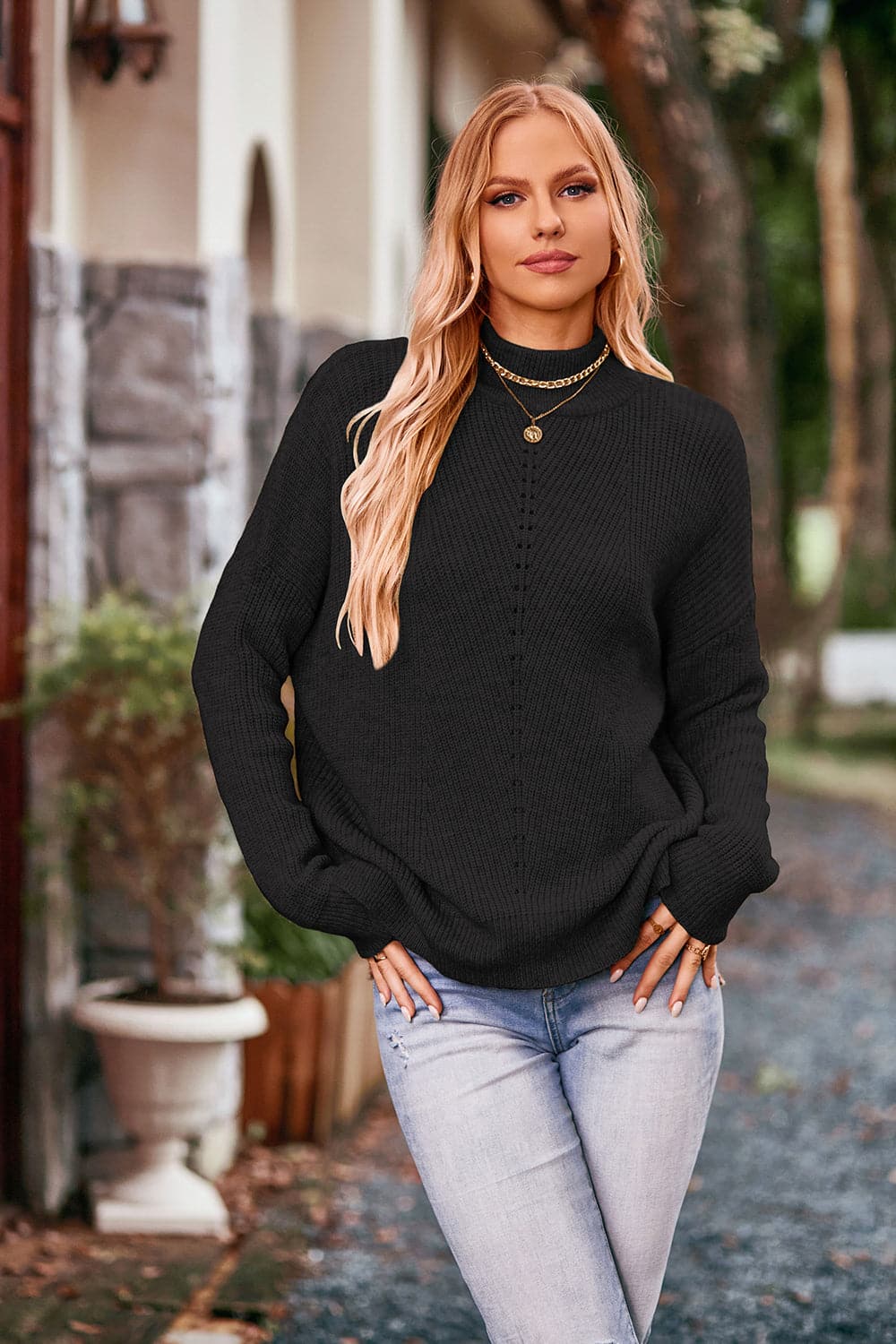 Mock Neck Rib-Knit Sweater.