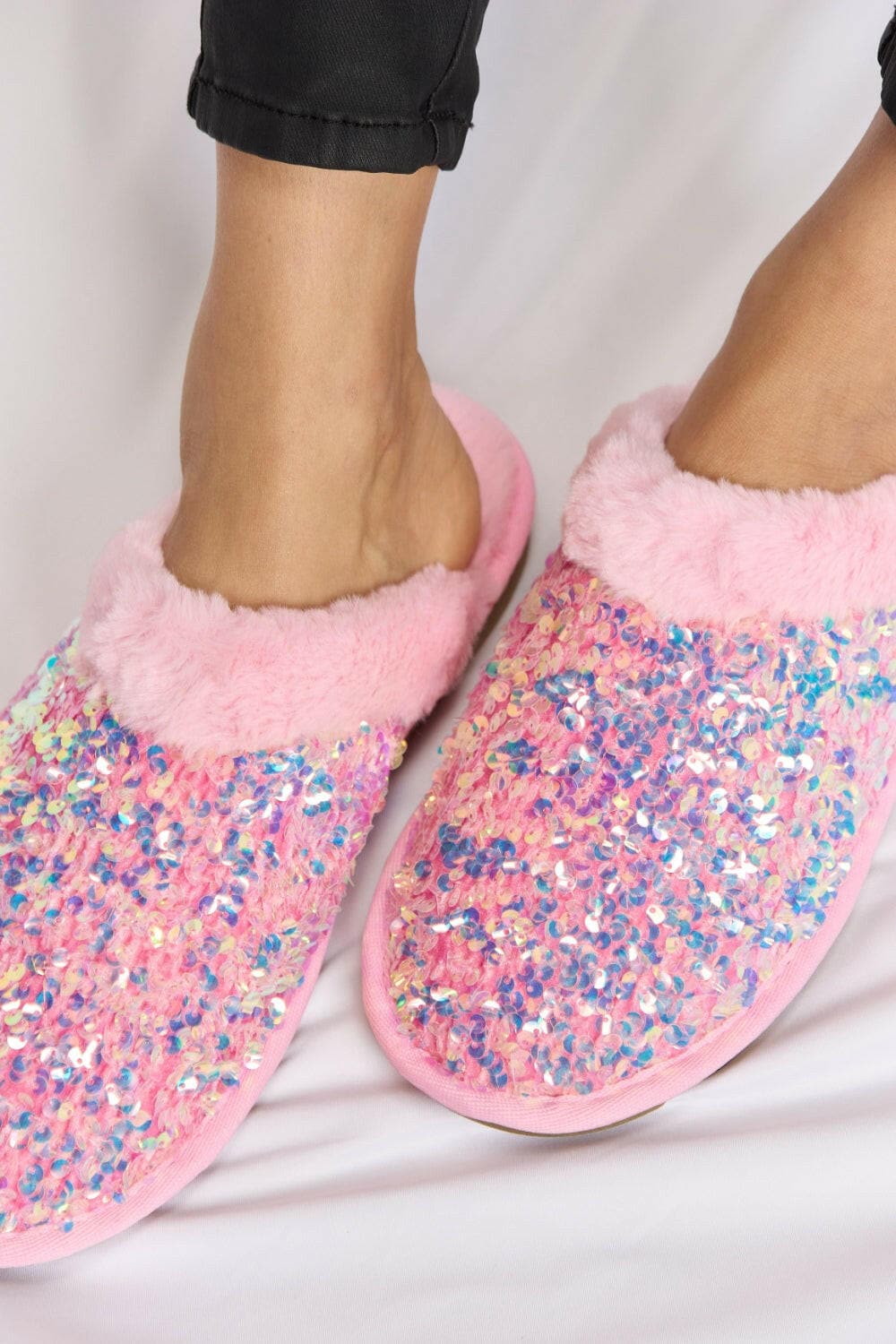 Forever Link Sequin Plush Round Toe Slippers.