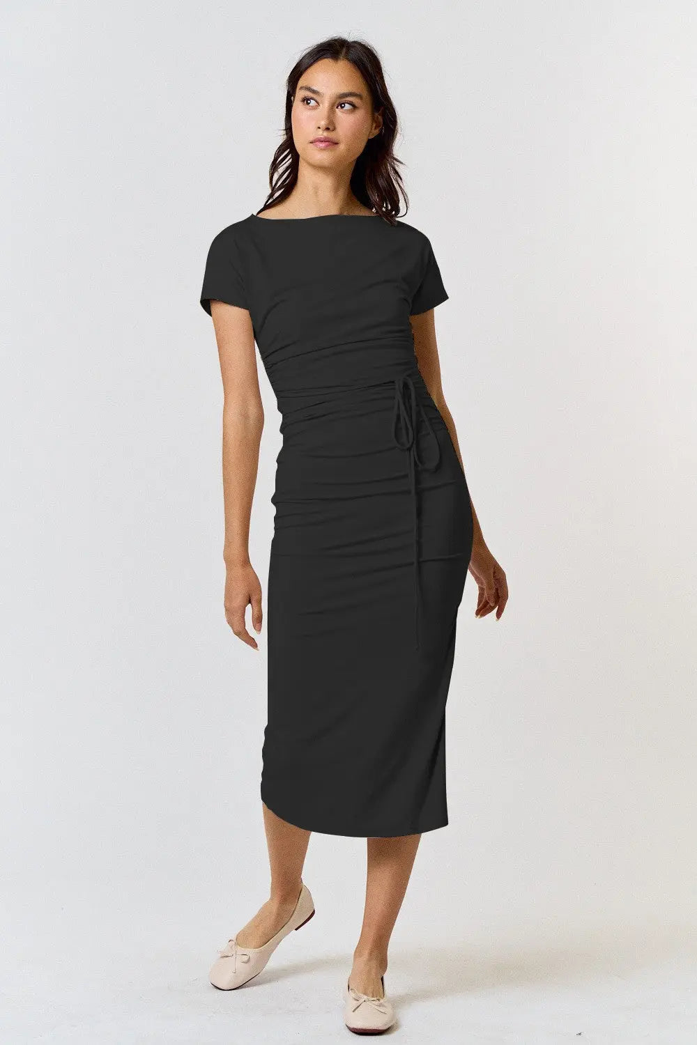 Black Boat Neck Side Ruched Waist Tie Maternity Midi Dress PinkBlush