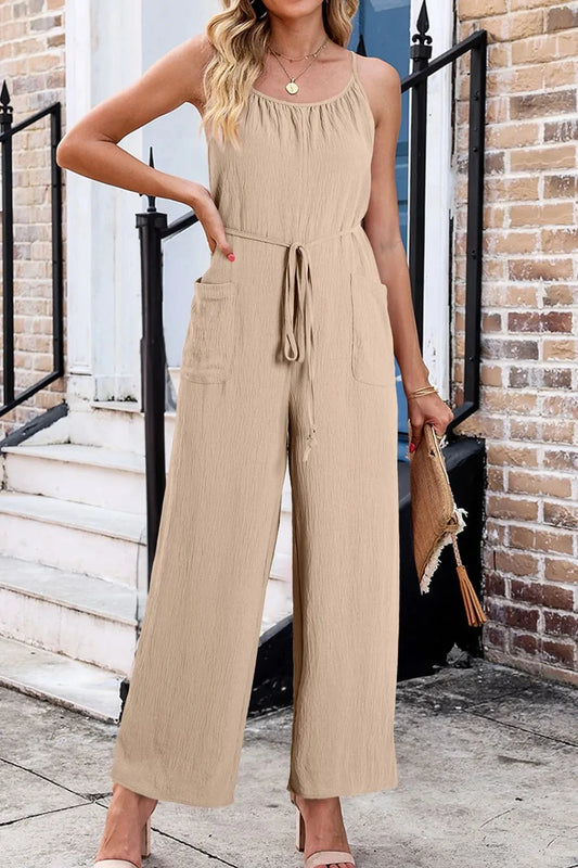 Spaghetti Strap Waist Tie Wide Leg Jumpsuit with Pockets Simply Love