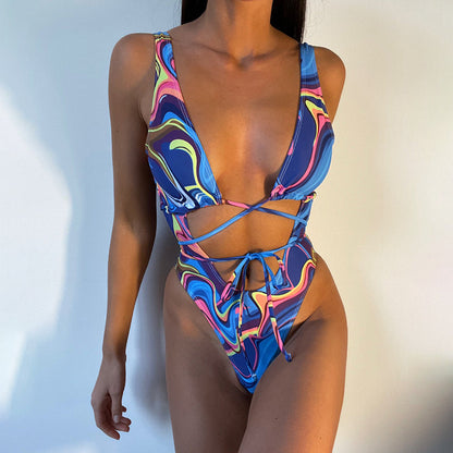 Hollow Out Cutout Out One Piece Swimsuit Women High Cut Bathing Suits Print Swimwear