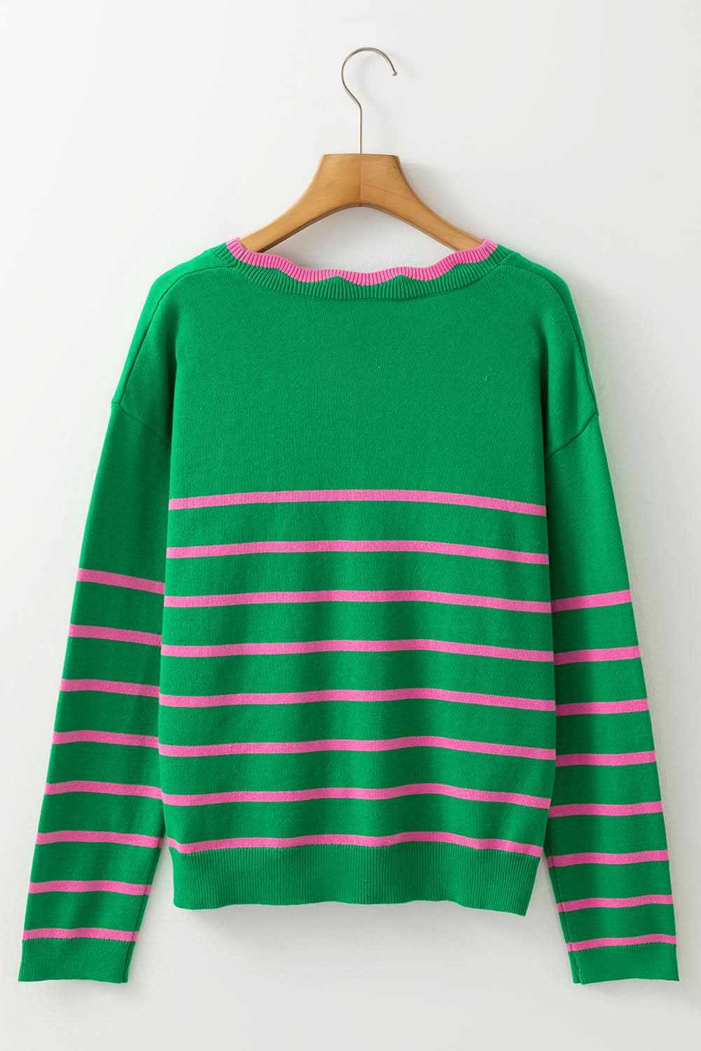 Bow Striped V-Neck Long Sleeve Cardigan in green with pink stripes, 100% cotton, slightly stretchy.