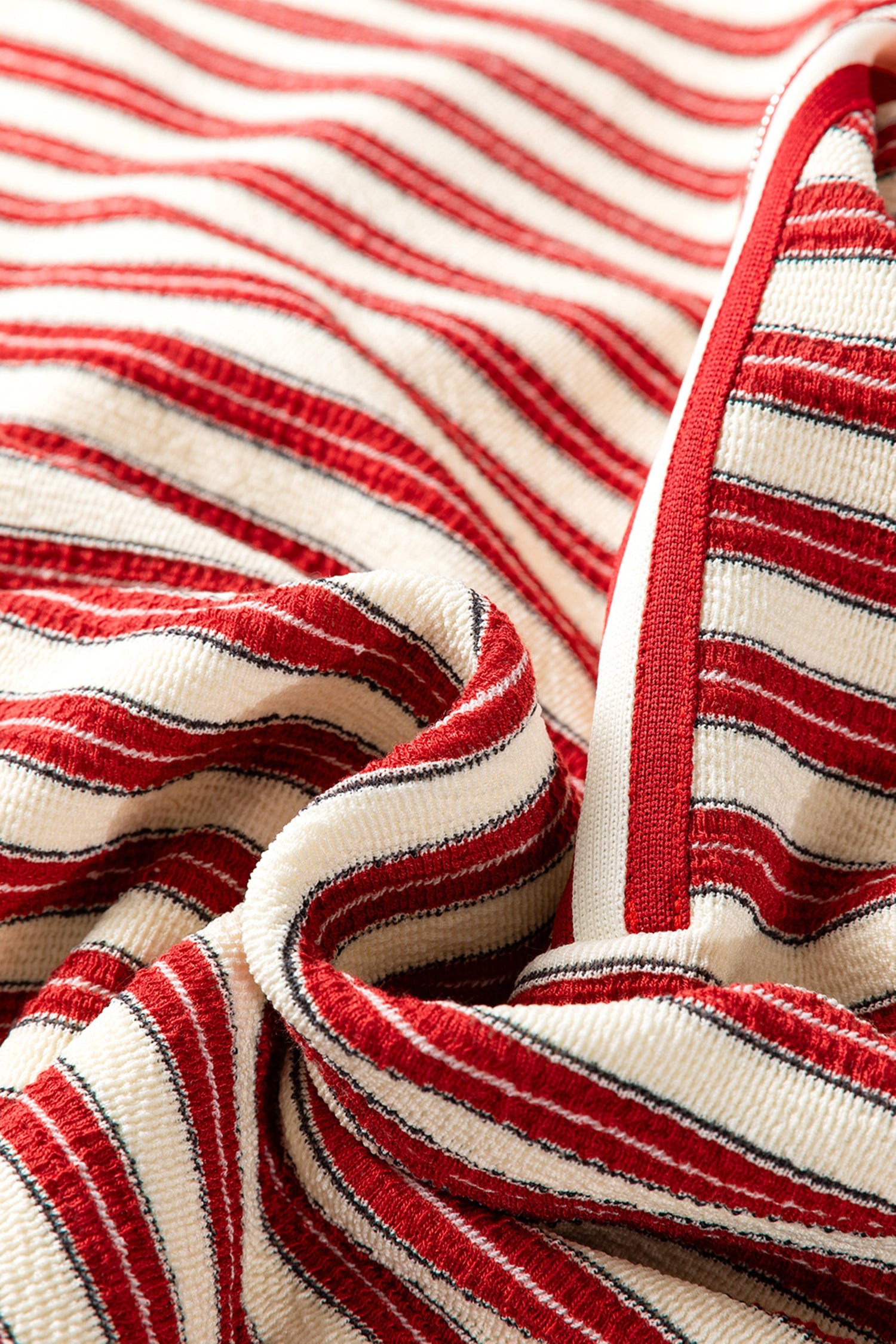 Racing Red Striped Print Contrast Collar Zip V Neck Long Sleeve Top Dear-Lover Dropshipping