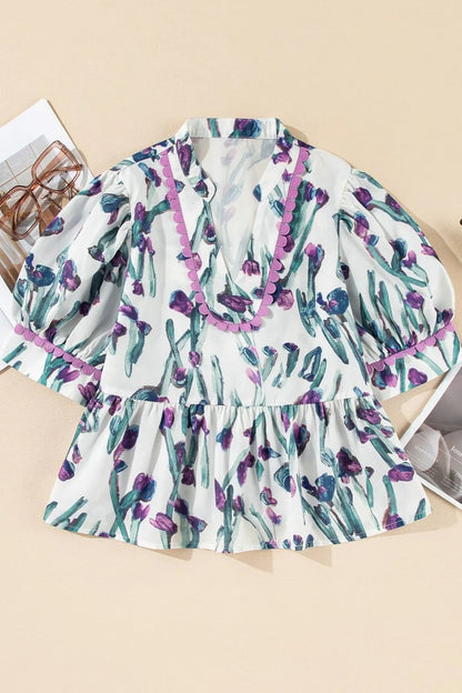 Floral Ricrac Trim Half Sleeve Peplum Top